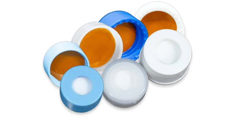 Assorted polyimide/silicone-lined vial closures on white background, compatible with multi-injection workflows