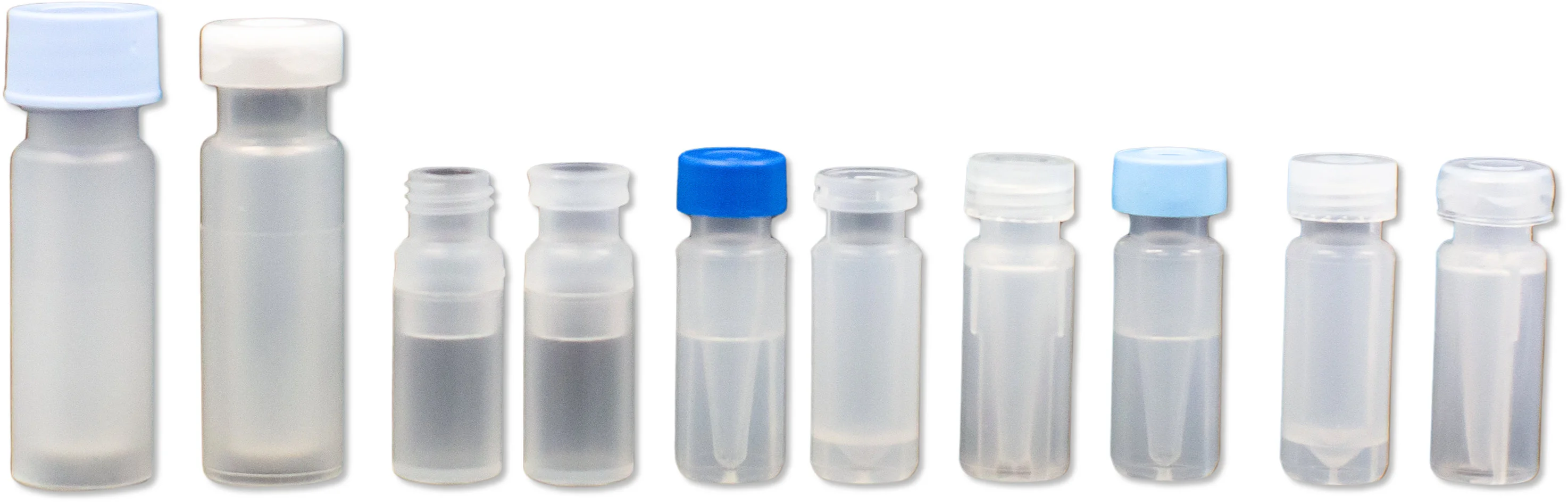 Close-up of polypropylene PFAS-safe vials in various volumes and cap styles on white background