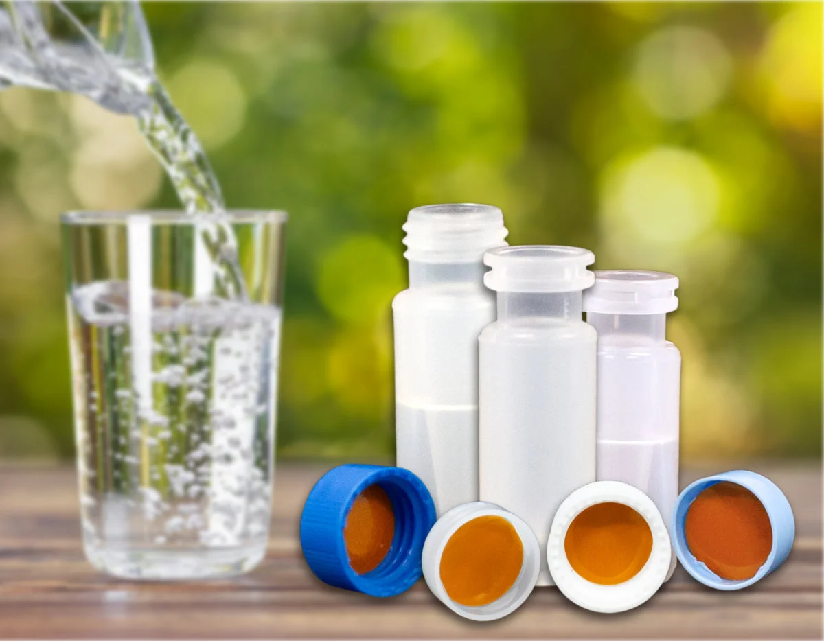 PFAS-safe polypropylene vials and closures for minimized contamination in PFAS testing with background of water being poured into a glass